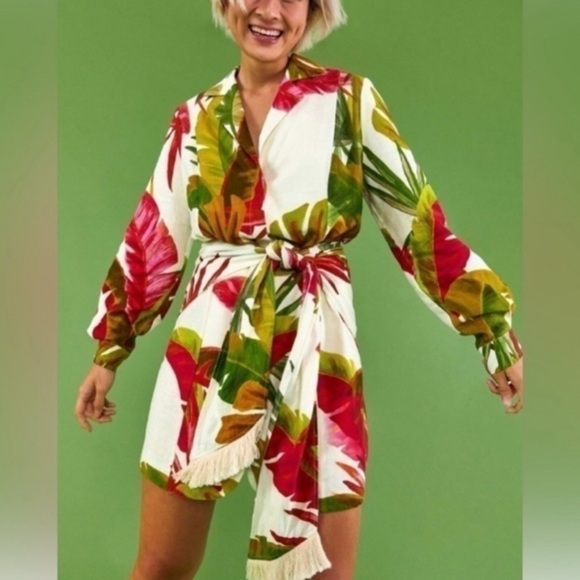 FARM Rio Spring Forest Floral Front Wrap Long Sleeve Shirt Mini Dress NEW Small - Picture 12 of 15